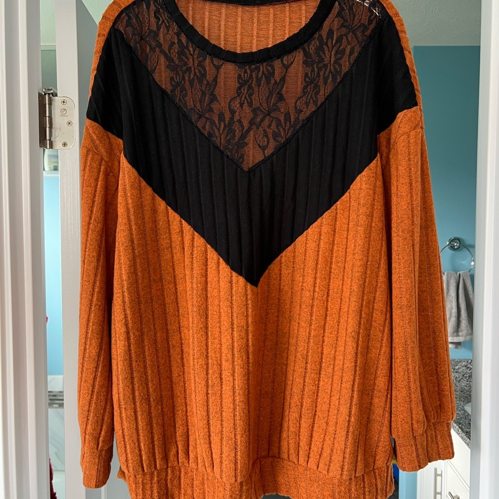 SHEIN Orange and Black Lace Detail Sweater